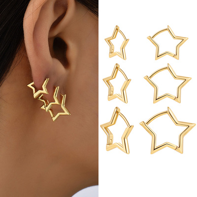 Classic Smooth Copper Metal Star Hoop Earrings for Women