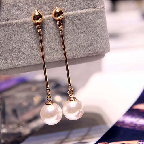 Korean Simulated Pearl Long Tassel Bar Drop Earrings For