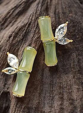 Ethnic Style Imitation Jade Bamboo Crystal Stud Earrings