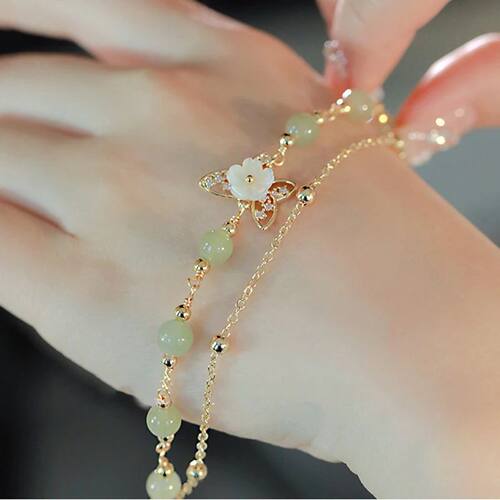 Sterling Silver Bracelet Double Layers Green Jade Flower
