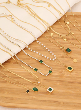Stainless Steel Necklace For Woman Green Zircon Necklace Fas