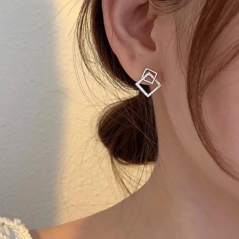 Silver Needle Zircon Square Charm Stud Earrings For Women