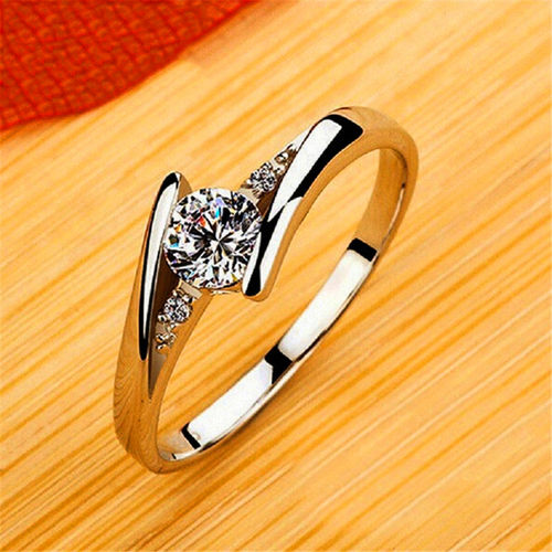 Cute Female Small Round Zircon Stone Ring Vintage Silver