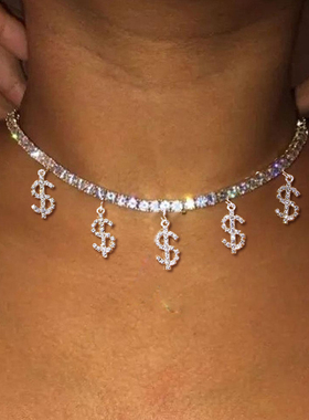Bling Rhinestone Dollar Sign Pendant Choker Necklace for