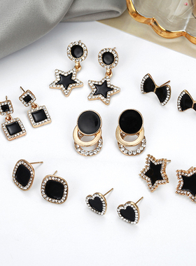 Black Crystal Stud Earrings Jewelry for Women Men Punk