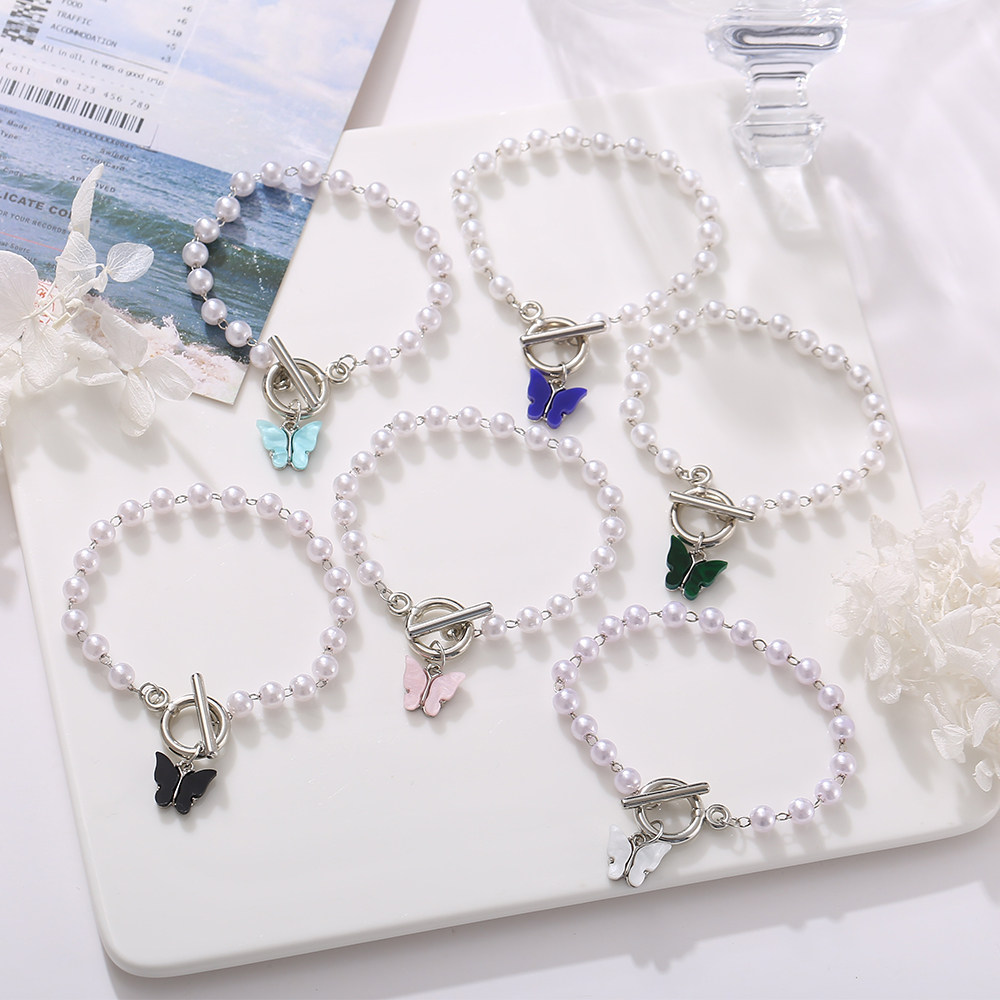 Trendy Pearl Colorful Butterfly Pendant Bracelet For Women