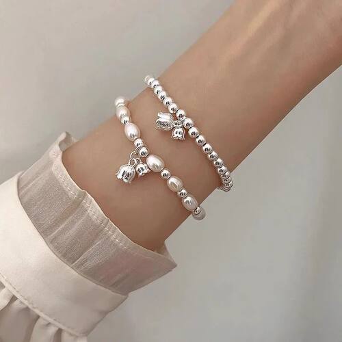 Sterling Silver Bracelet Pearl Lily Flower Beads Geometric