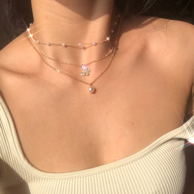 Fashion Butterfly Crystal Pearl Pendant Necklace Statement