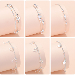 925 Sterling Silver Women Heart Star Chain Bracelet For