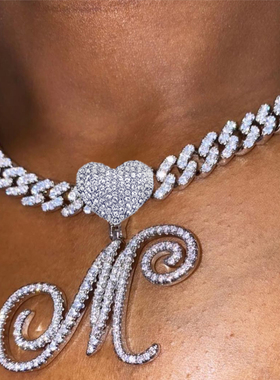 New A-Z Cursive Letter Heart Pendant Iced Out Cuban