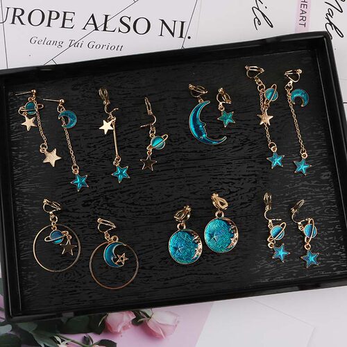 Korea Style Asymmetrical Fresh Enamel Blue Star Moon Planet