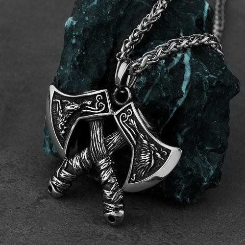 Double Axe Domineering Wolf and Eagle Pendant Necklace