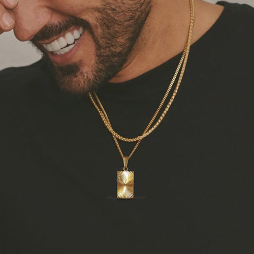 Men Necklace Gold Plated,Embossing Radiation Rectangle Penda