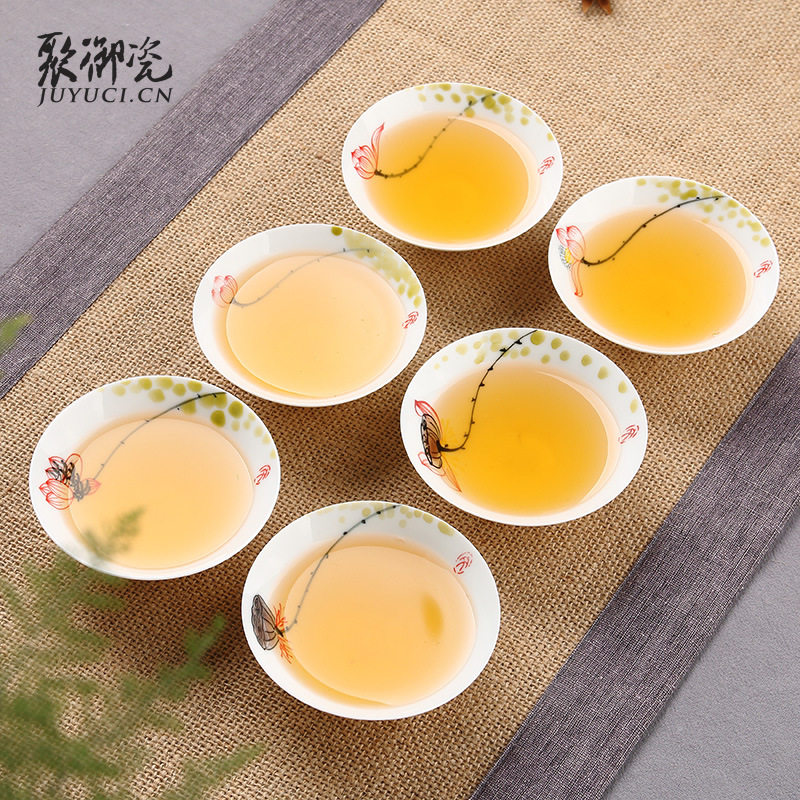 聚御瓷 次第花开 五彩手绘功夫茶杯薄胎品茗杯子 斗笠杯 印制LOGO