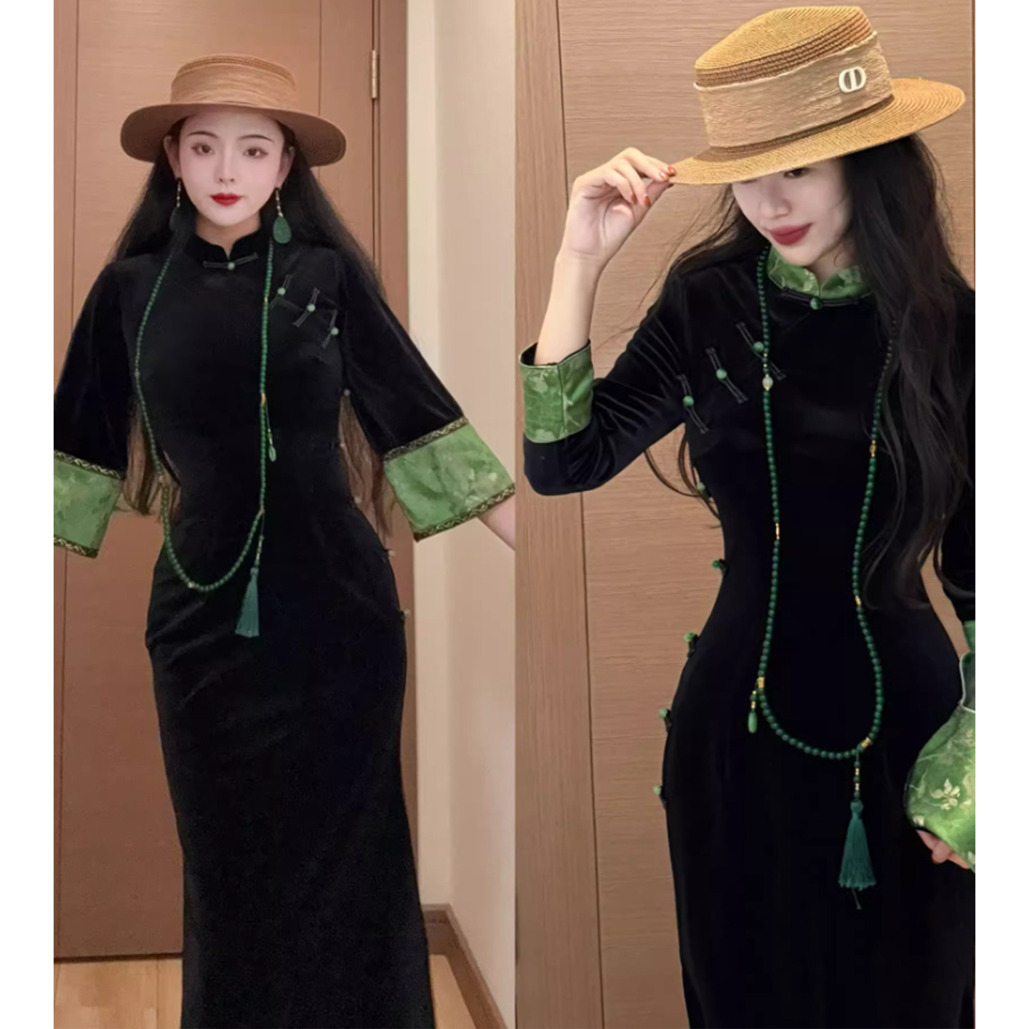 画报夫人新中式黑色旗袍2025新款秋冬丝绒高端大气长袖礼服蓬莱绿,女装/女士精品,旗袍,淘宝优惠券,粉丝福利购,淘宝优惠卷