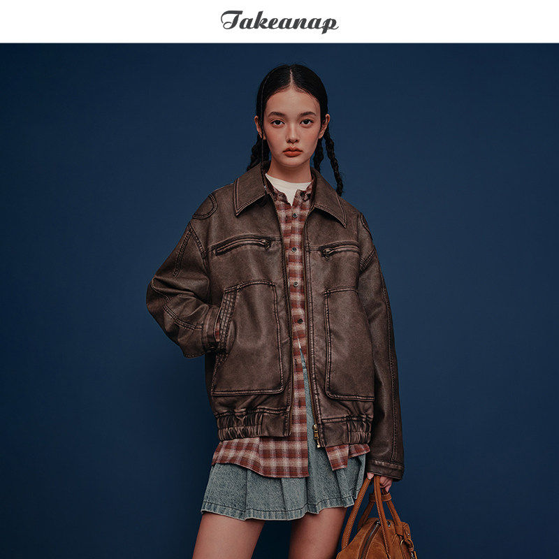 TAKEANAP午睡 复古皮衣外套女春季宽松休闲水洗做旧短款PU皮夹克