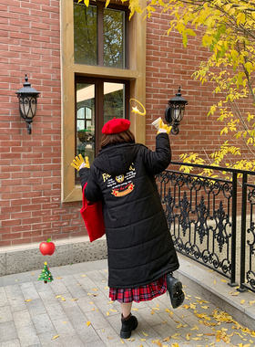 heybona微胖定制 胖mm黑色加厚中长款牛角扣棉服女冬大码显瘦棉衣