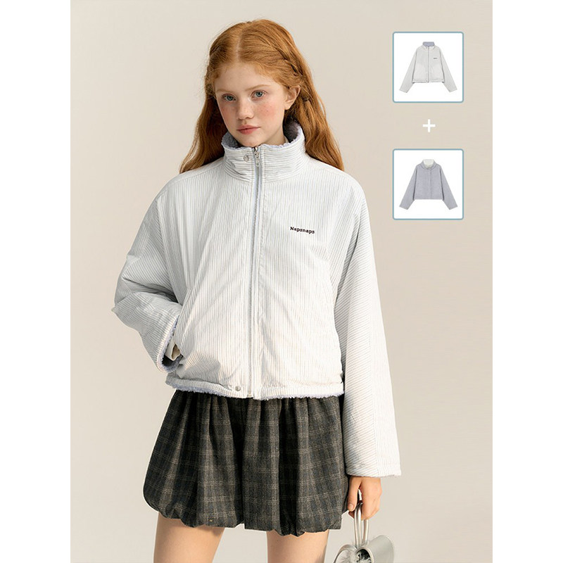 正反两穿短款立领条纹羊羔毛棉服女秋冬保暖棉衣短外套