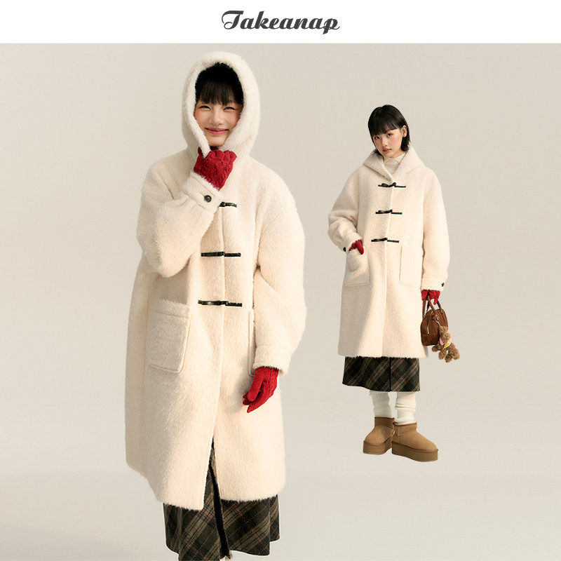 TAKEANAP午睡 蝴蝶结皮质牛角扣毛呢大衣女连帽冬季长毛呢料外套