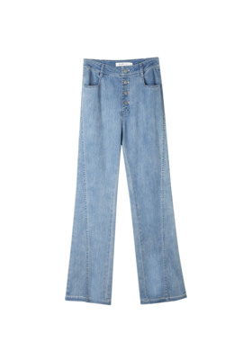 荷宝娜微喇牛仔裤女夏2025新款休闲百搭修身显瘦蓝色高腰弹力裤子