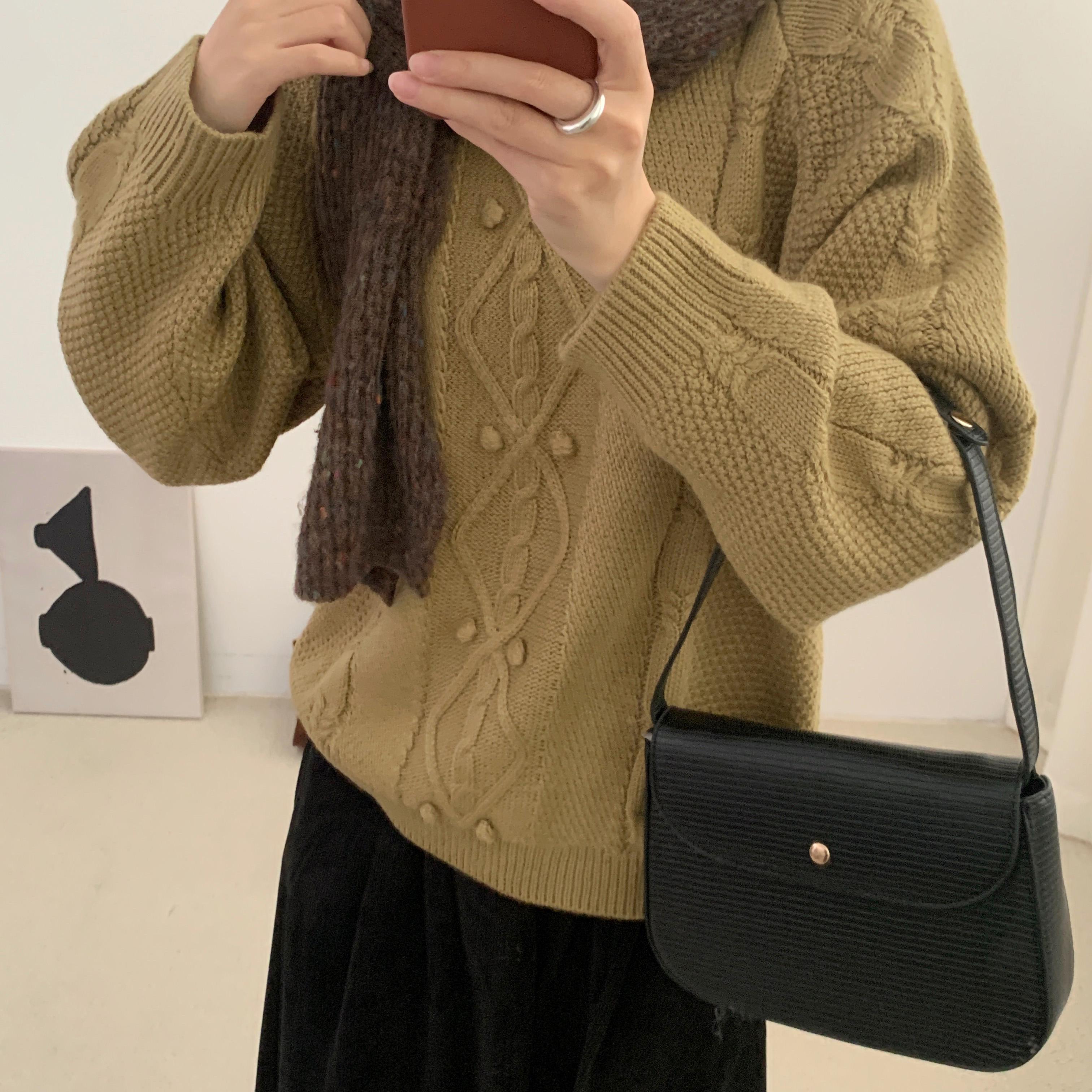 荷宝娜圆领绞花毛衣女2024年秋冬新款设计感宽松慵懒风针织上衣