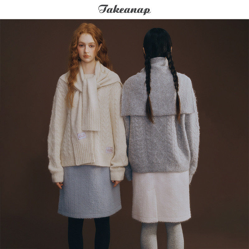 TAKEANAP午睡 披肩绞花毛衣女春2026新款复古慵懒圆领羊毛针织衫