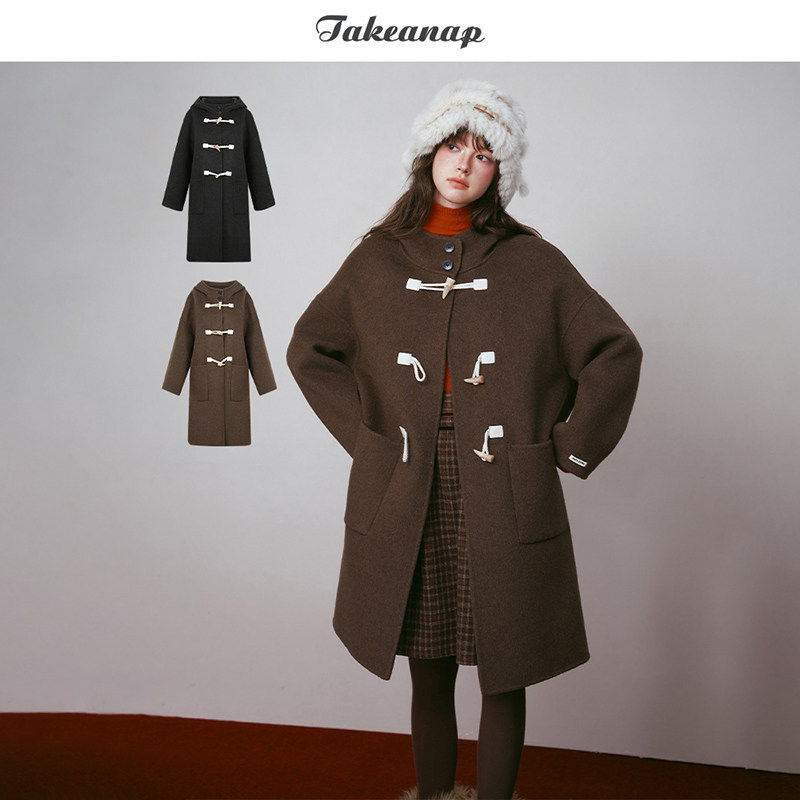 TAKEANAP午睡 100羊毛双面呢大衣女秋冬复古牛角扣连帽外套中长款