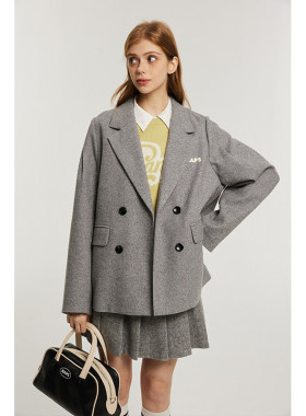 午睡自制毛呢西装外套女2026新款秋冬双排扣复古学院风休闲JK西服