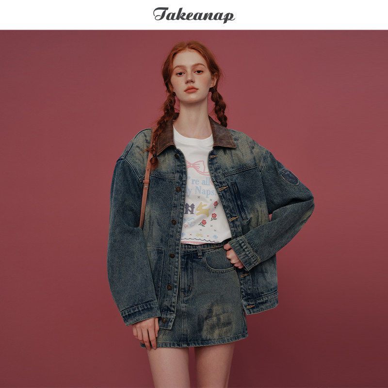 TAKEANAP午睡 撞色拼皮牛仔外套女春季新款宽松做旧水洗复古上衣