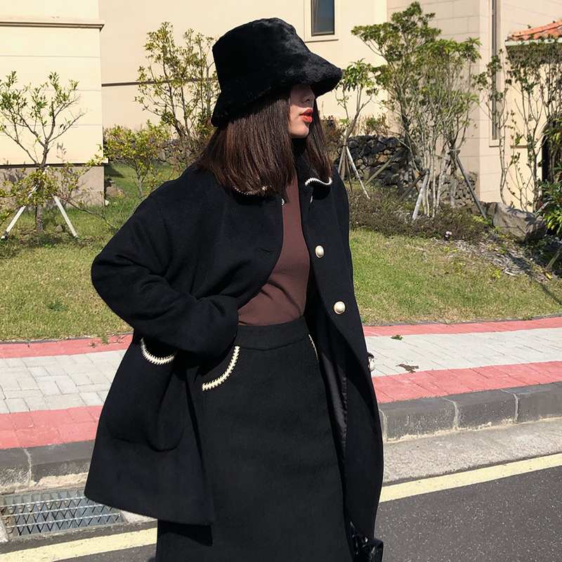 荷宝娜微胖定制 黑色毛呢套装女冬名媛大码胖mm洋气毛呢两件套裙