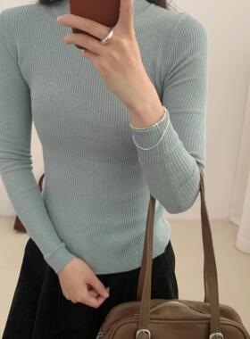 复古花瓣领羊绒针织衫女2024年秋冬新款半高领黑色百搭打底上衣