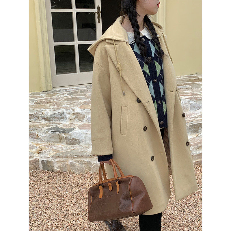 TAKEANAP午睡 长款双排扣毛呢外套2025新秋冬可脱卸帽夹棉呢大衣