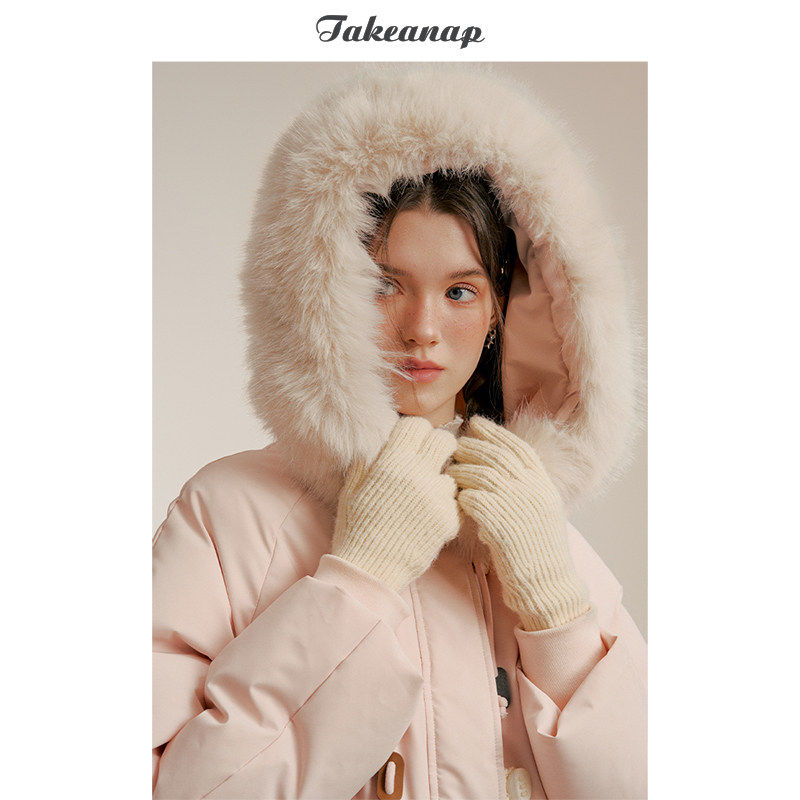 TAKEANAP午睡 大毛领连帽羽绒服女冬90白鸭绒防风保暖派克服外套