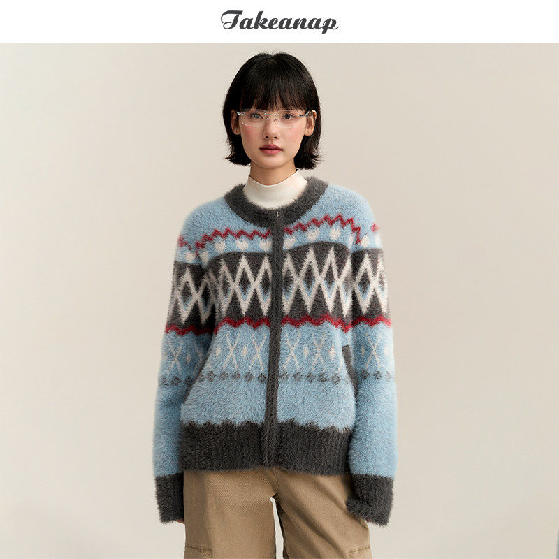 TAKEANAP午睡 仿貂毛费尔岛毛衣女秋冬复古圆领宽松拉链开衫外套
