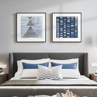 湛蓝现代简约客厅装 饰画蓝色地中海风格 挂画抽象几何线条壁画