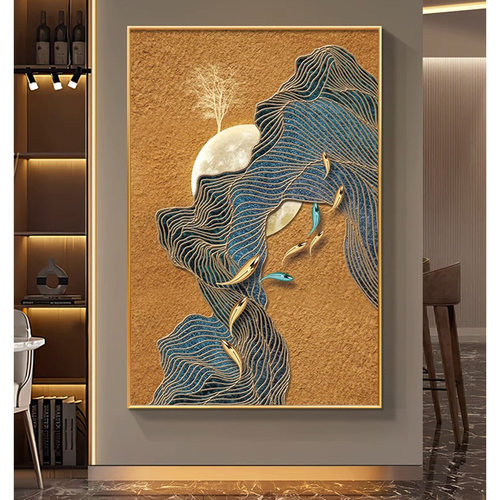 新中式别墅客厅大幅落地壁画入户走廊玄关装饰画现代过道高端挂画
