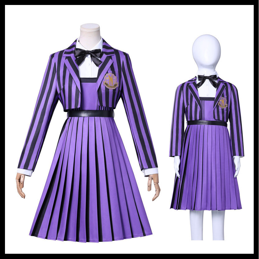 跨境万圣节星期三-紫色女款条纹校服cosplay服装二次元表演亚当斯