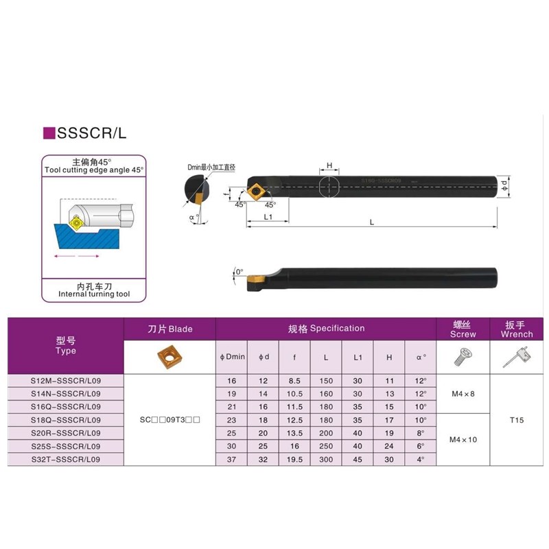 数控内孔刀杆 45度S12M/20R-SSSCR09 螺钉式车通孔倒角镗刀杆刀具