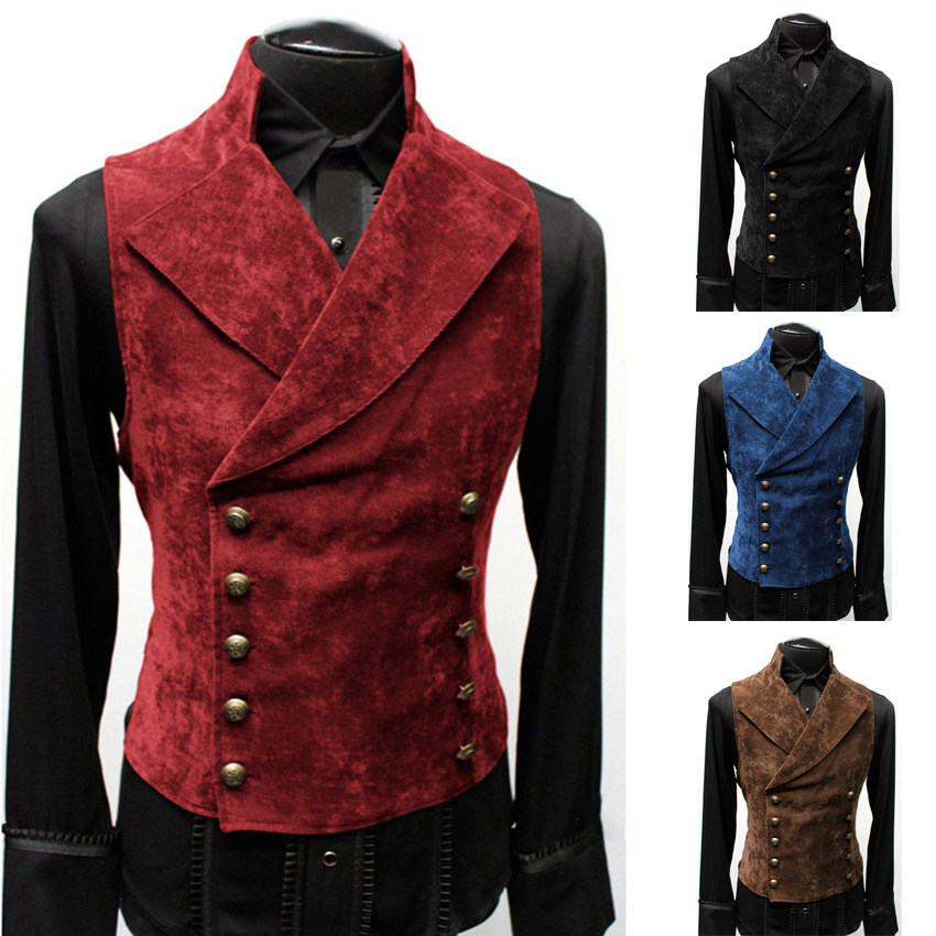 MEDIEVAL VINTAGE SLEEVELESS DOUBLE-BREASTED CUFFED STAND COLLAR SOLID COLOR SLIM FIT VEST FOR AUTUMN AND WINTER NEW MENS PERFORMANCE DRESSES
