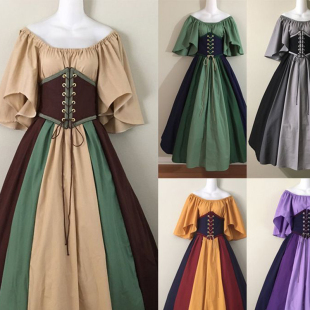 系带收腰大摆裙欧美女士一字肩礼服连衣裙 中世纪复古撞色拼接飞袖