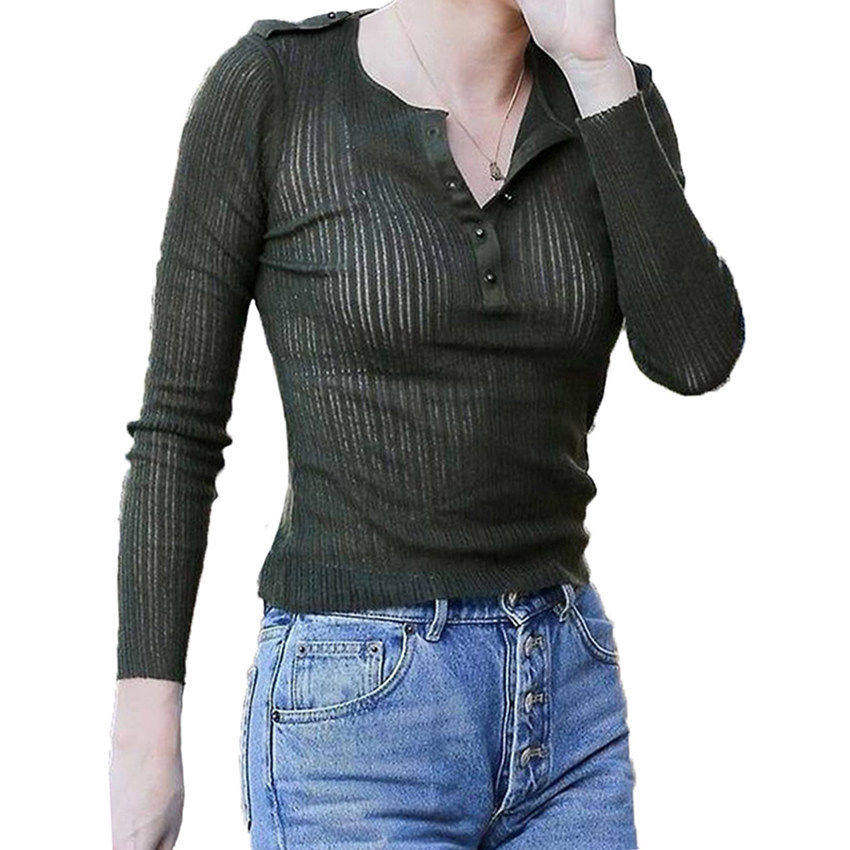 长袖T恤女春秋新款纽扣紧身亨利领打底衫内搭纯色时尚女士上衣