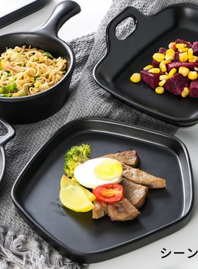 快速发货2025餐具黑色密胺盘子商用菜盘创意手柄S盘仿瓷烧烤碟火