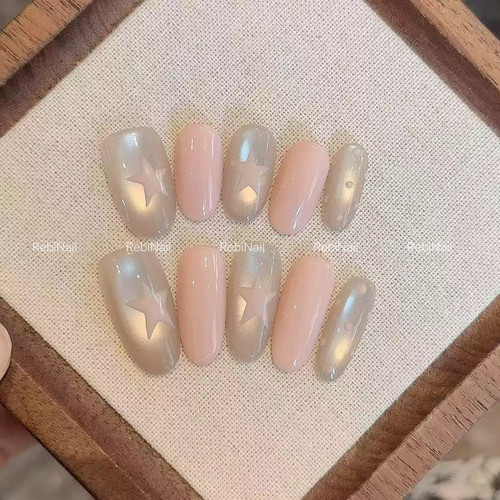 新款手工穿戴甲手绘星星高密度猫眼m26猫眼玻璃珠温柔粉色美甲贴