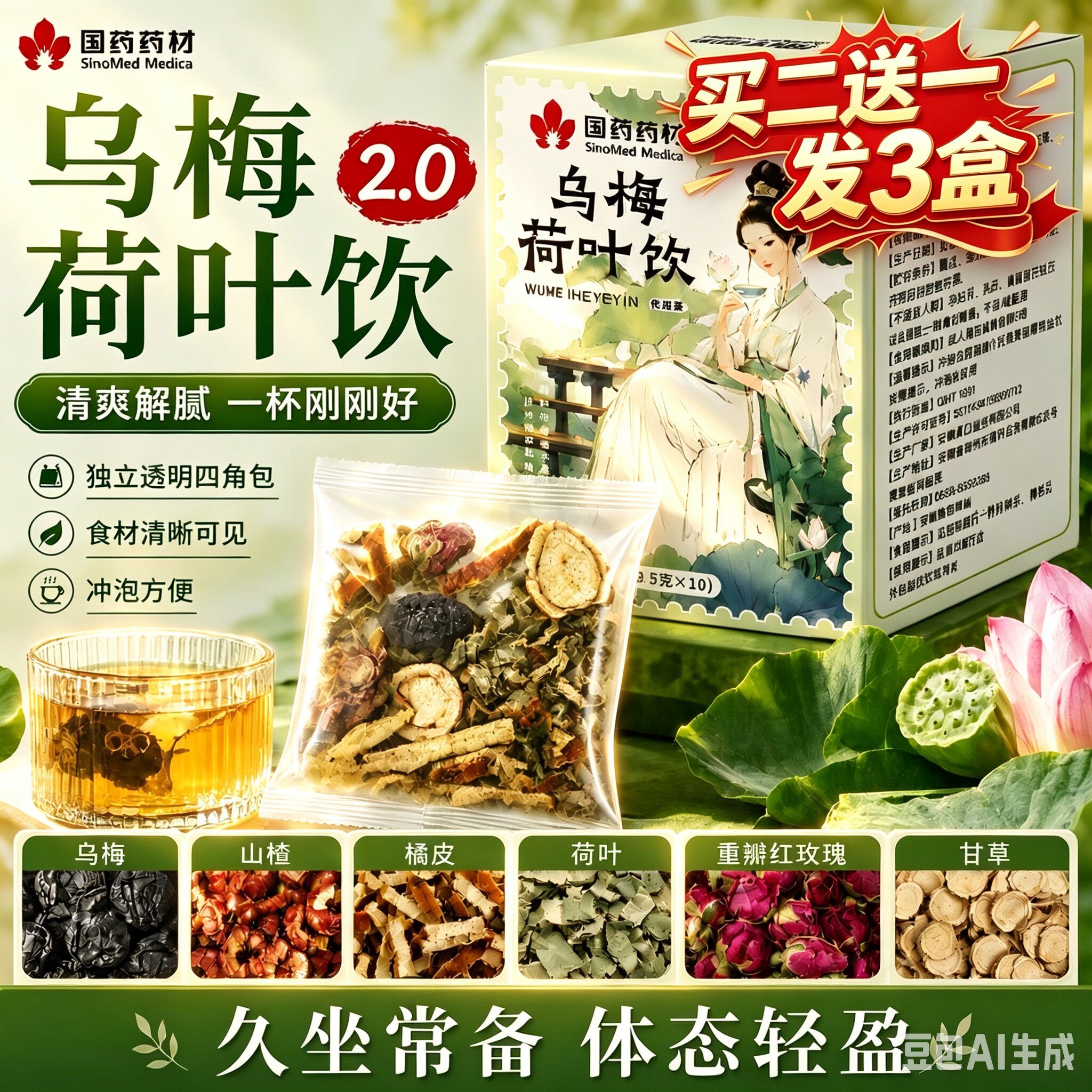 正品乌梅荷叶茶減肥刮油神器柠檬荷叶饮山楂消消茶燃脂排油瘦肚子祛湿润肠轻体老中医院浙江省中医院