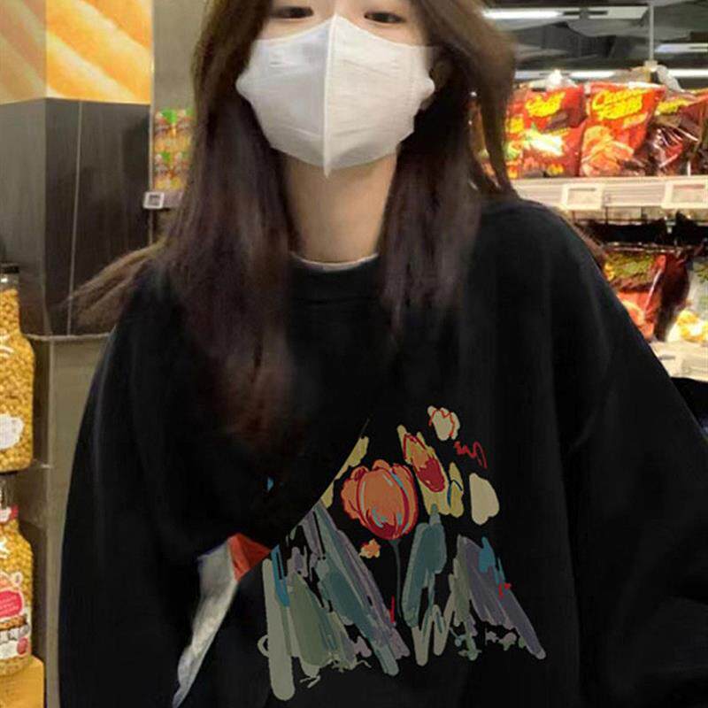 圆领无帽卫衣女春秋薄款小个子美式复古oversize宽松外套上衣服潮