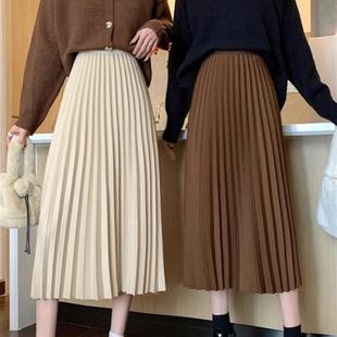 秋冬加厚2025新款高腰a字百褶裙中长款显瘦黑色米色毛呢半身裙女