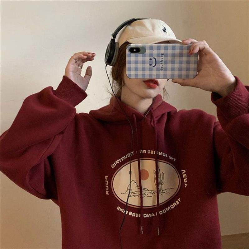 加绒加厚连帽卫衣女秋冬韩版慵懒风宽松复古风上衣ins学生外套潮