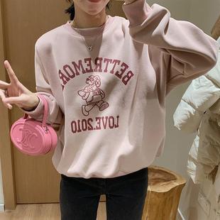 粉色卡通字母印花圆领卫衣女加绒秋冬款情侣套头上衣男款班服