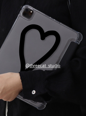 韩ins小众设计黑色爱心11代air7/6/5/4平板10代ipad保护壳pro2025防摔透明笔槽11寸苹果ipad7/8/9保护套