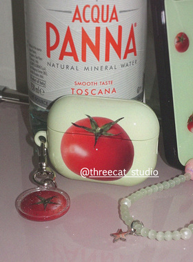 韩ins设计chic可爱绿底番茄pro3进口菲林耳机壳适用于苹果1/2/3/4代airpods pro2保护套airpods 4代硬亮